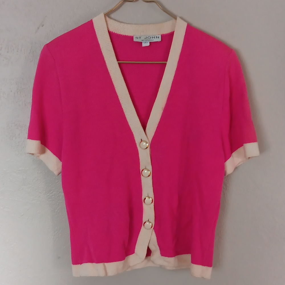 St. John Hot Pink and Cream Short-Sleeve Cardigan